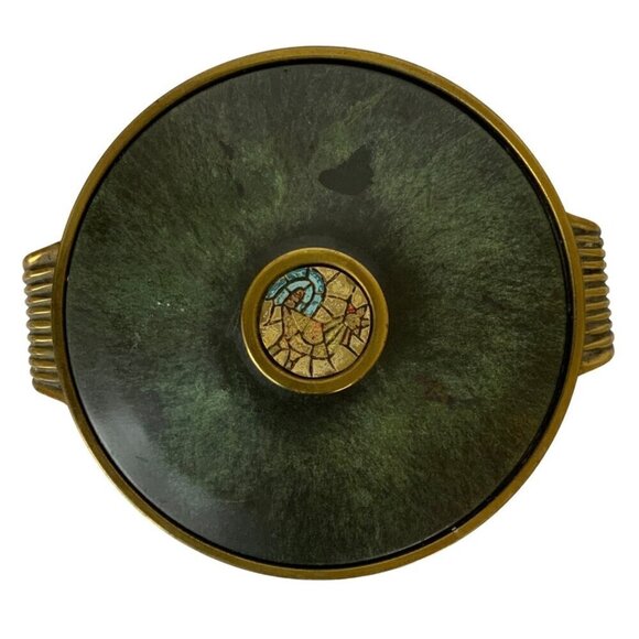 Vintage Dayagi Brass Enamel Lidded Dish Mosaic Rooster Handle Green Gold Israel - Picture 5 of 10